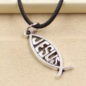 Christian Ichthys Jesus Fish Pendant Necklace Silver Tone Black Cord